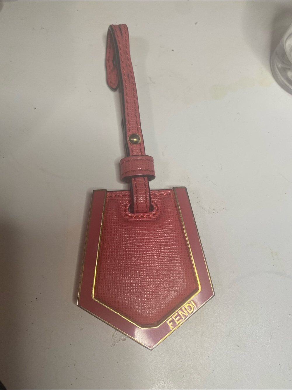 Fendi Coral Pink Leather Luggage Tag with Gold Trim